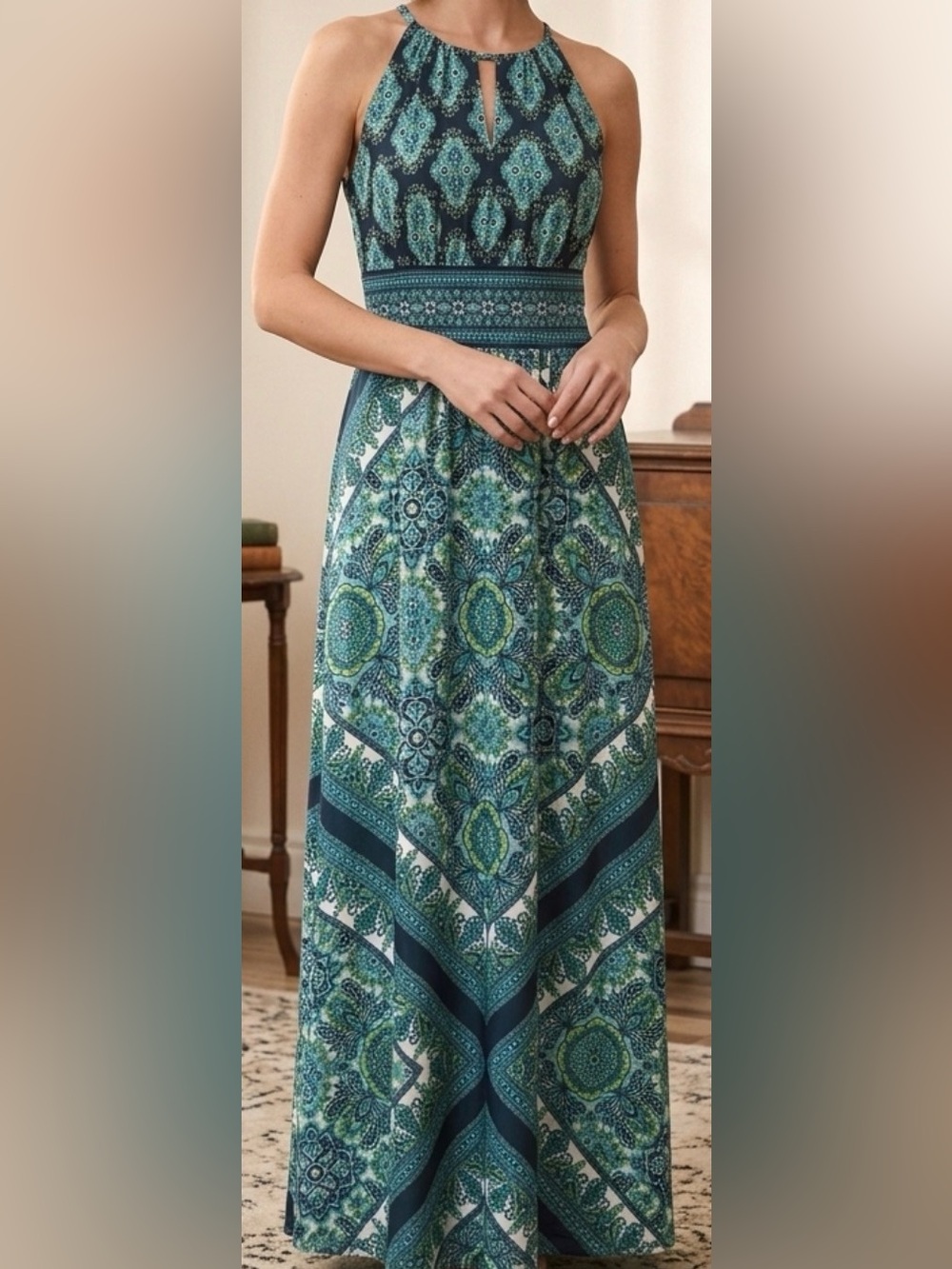London Times Teal & Navy Paisley Maxi Skirt